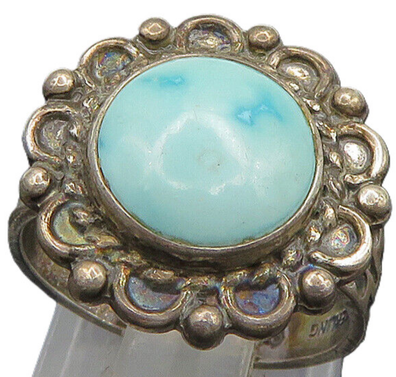925 Silver Vintage Turquoise Floral Etched Ring Sz 5.5 RG24294