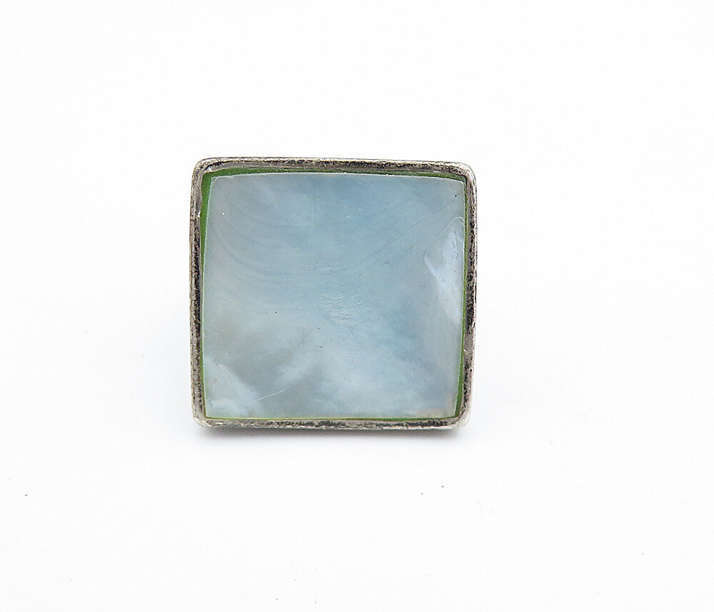 925 Silver  Vintage Antique Mother Of Pearl Square Cocktail Ring Sz 6.5 RG7033
