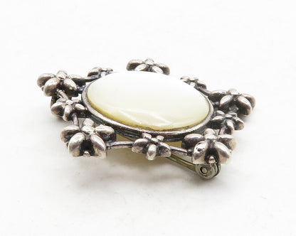 BOMA 925 Sterling Silver  Vintage Mother Of Pearl Floral Brooch Pin  BP4877