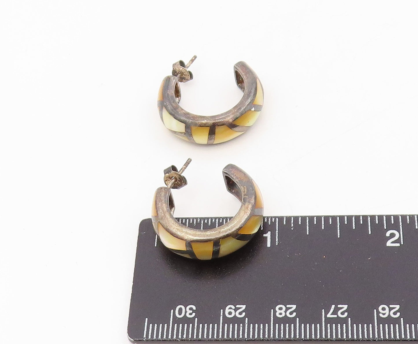 925 Sterling Silver Vintage Earrings Mother Of Pearl Geometric Inlay  EG13870