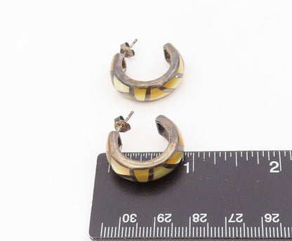 925 Sterling Silver Vintage Earrings Mother Of Pearl Geometric Inlay  EG13870