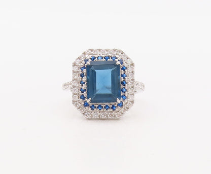 925 Sterling Silver Vintage Ring Designer Rectangle Sapphire & CZ  Sz 7  RG30665