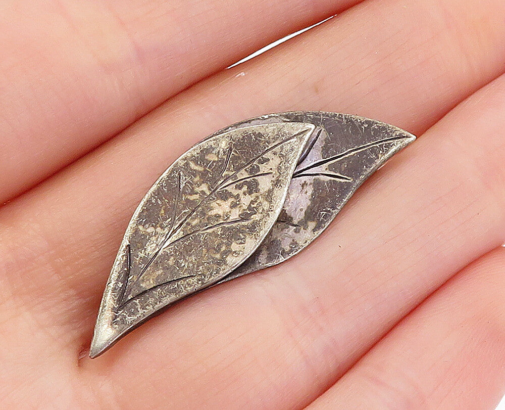 925 Sterling Silver  Vintage Antique Oxidized Floral Leaves Brooch Pin  BP1489