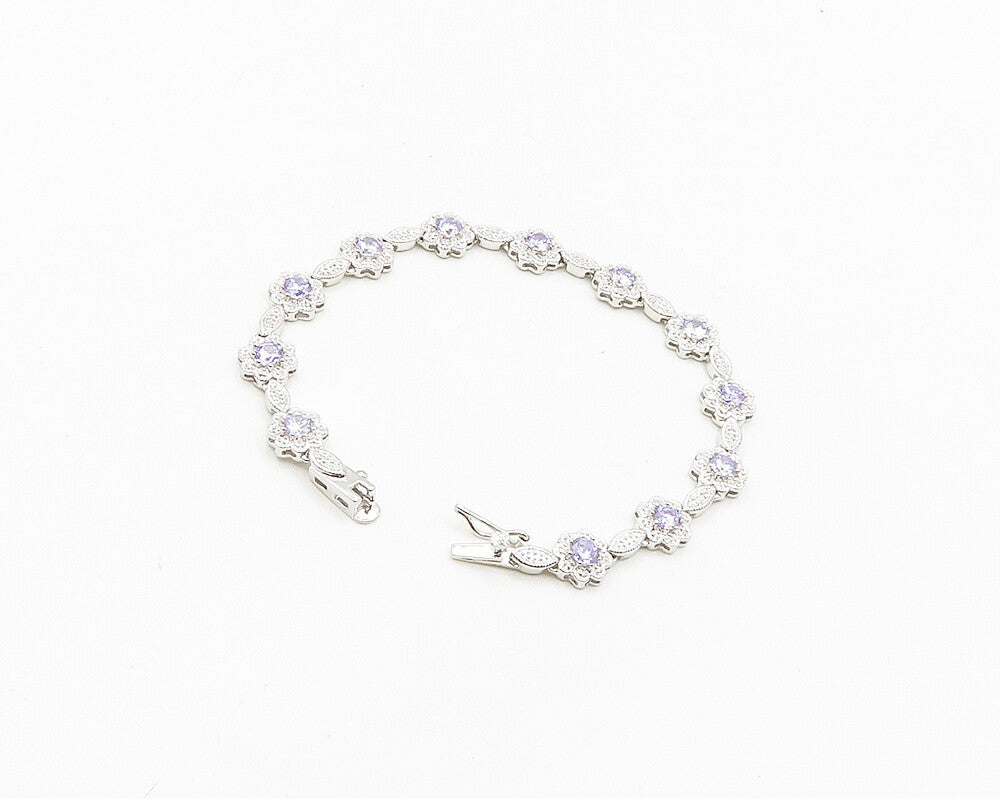 925 Sterling Silver  Shiny Purple Cubic Zirconia Floral Chain Bracelet  BT7365