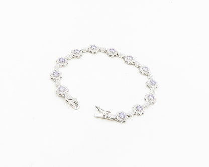 925 Sterling Silver  Shiny Purple Cubic Zirconia Floral Chain Bracelet  BT7365