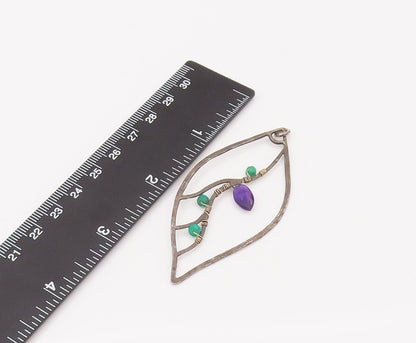 925 Silver  Vintage Leaf  Cutout & Wired Amethyst & Emerald Pendant  PT22214