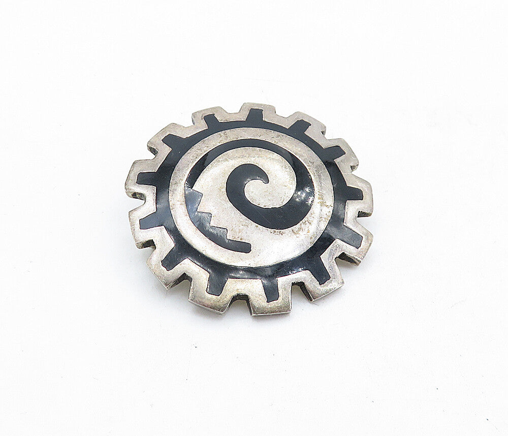 MEXICO 925 Sterling Silver  Vintage Black Onyx Pattern Brooch Pin  BP2108