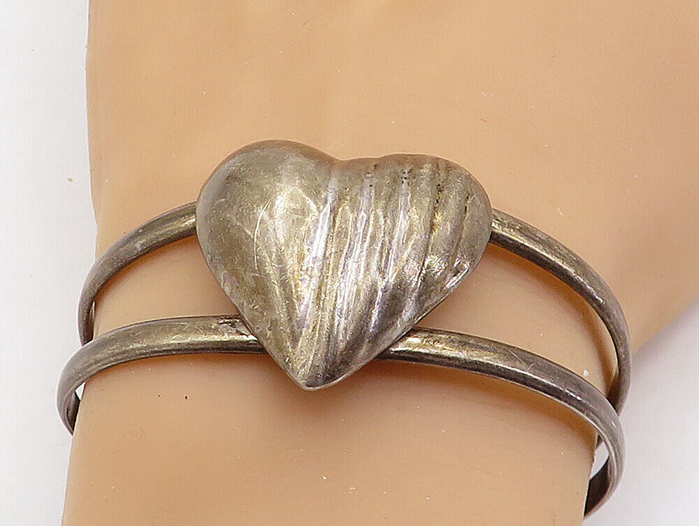 MEXICO 925 Sterling Silver - Vintage Dark Tone Love Heart Cuff Bracelet - BT2046