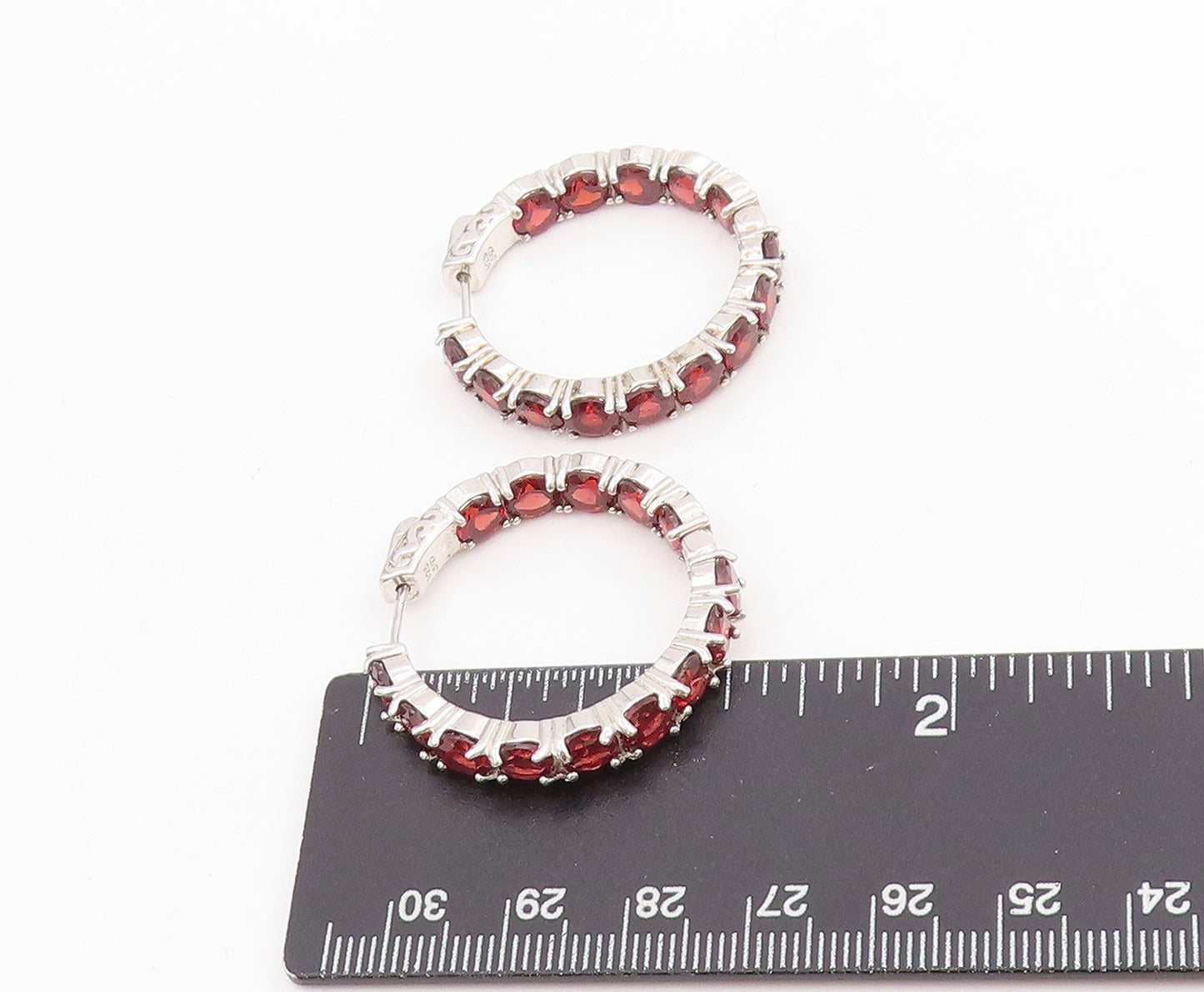 925 Sterling Silver Vintage Earrings Round Red Garnet Modernist Hoops  EG13742