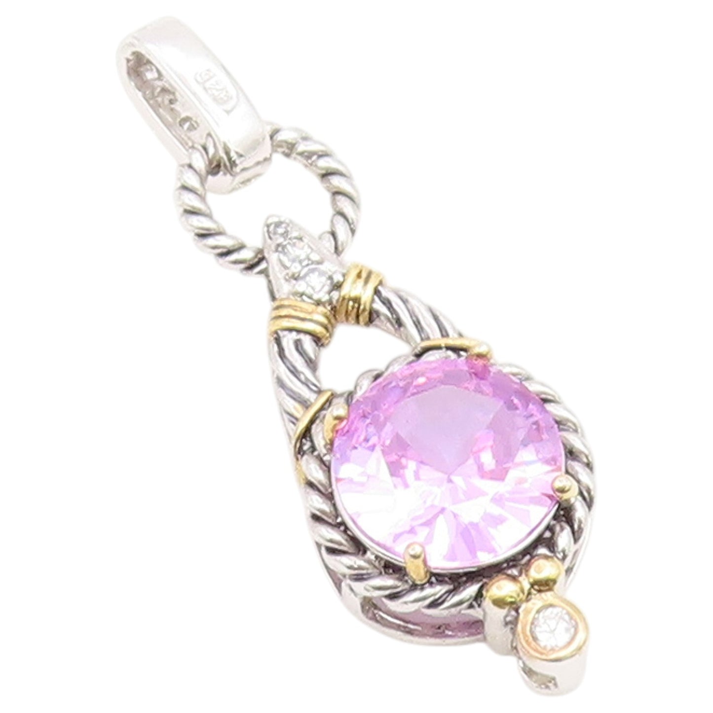 925 Sterling Silver Vintage Pendant Two Tone Amethyst Twisted Cable Drop PT26615