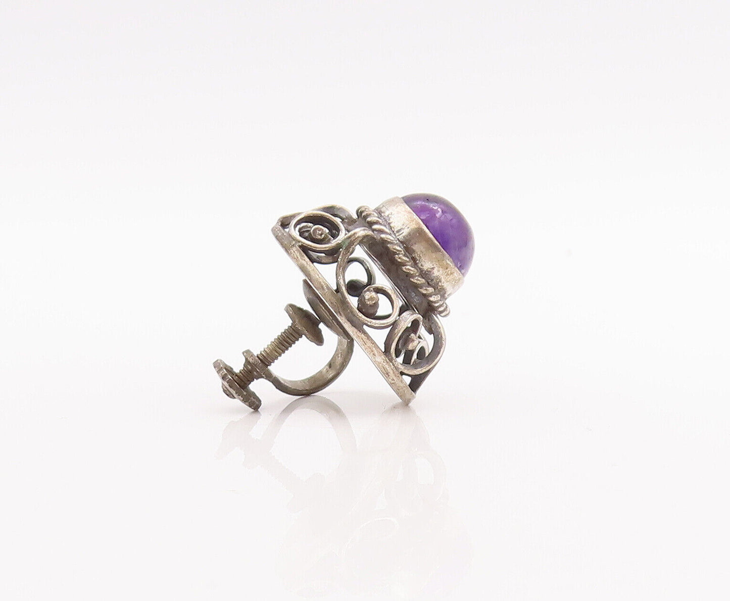 925 Sterling Silver Vintage Earrings MEXICO Swirl Carved Amethyst Flower EG13073