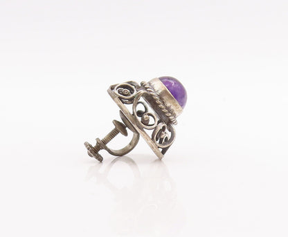 925 Sterling Silver Vintage Earrings MEXICO Swirl Carved Amethyst Flower EG13073