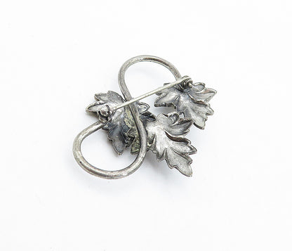 925 Sterling Silver  Vintage Pearls Dark Tone Autumn Leaves Brooch Pin  BP1696