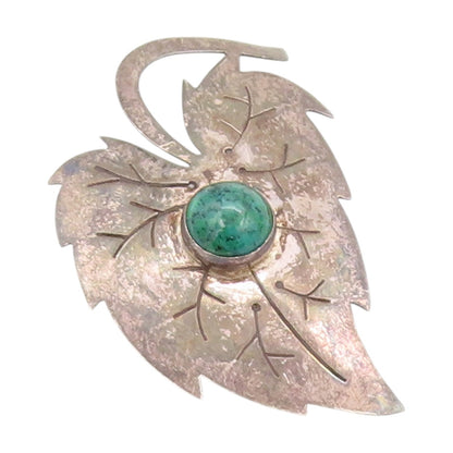 925 Sterling Silver Vintage Brooch ISRAEL Turquoise Etched Grape Leaf  BP11859