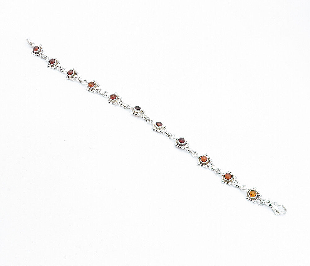 925 Sterling Silver Petite Cabochon Cut Amber Shiny Chain Bracelet BT2162
