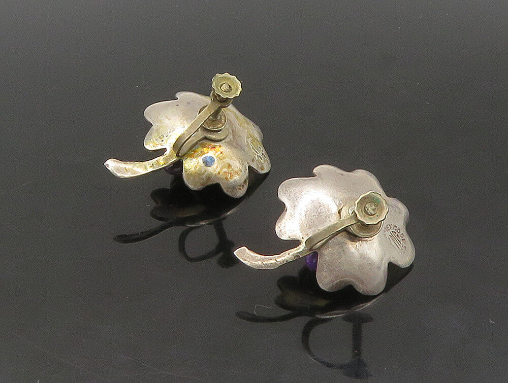 YMG MEXICO 925 Silver  Vintage Amethyst Floral Non Pierce Earrings  EG11454