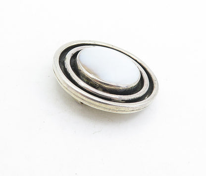 MEXICO 925 Silver  Vintage Mother Of Pearl Oxidized Round Pendant  PT4463