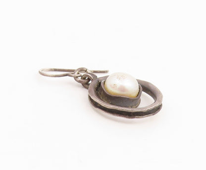 925 Sterling Silver Vintage Earrings ISRAEL Pearl Open Circle Dangle  EG14090