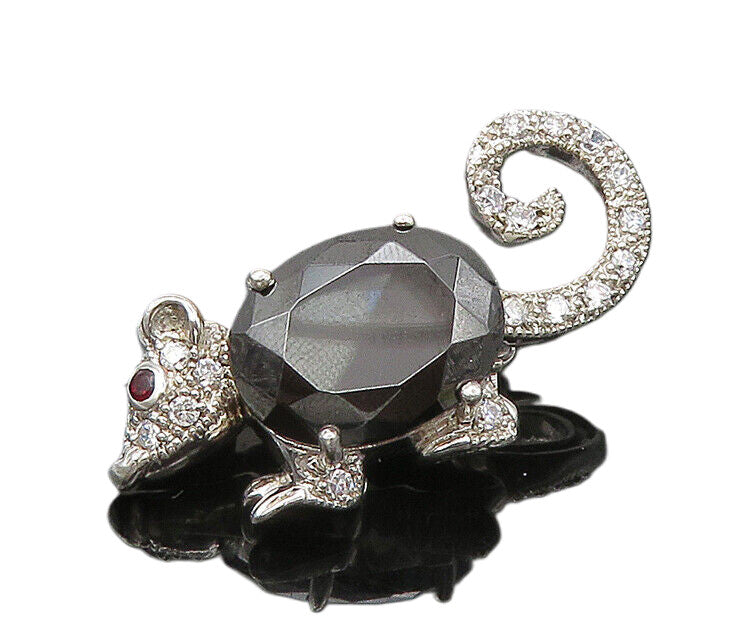 925 Silver  Vintage Hematite Cubic Zirconia & Garnet Mouse Brooch Pin  BP8406