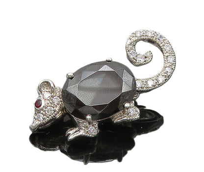 925 Silver  Vintage Hematite Cubic Zirconia & Garnet Mouse Brooch Pin  BP8406
