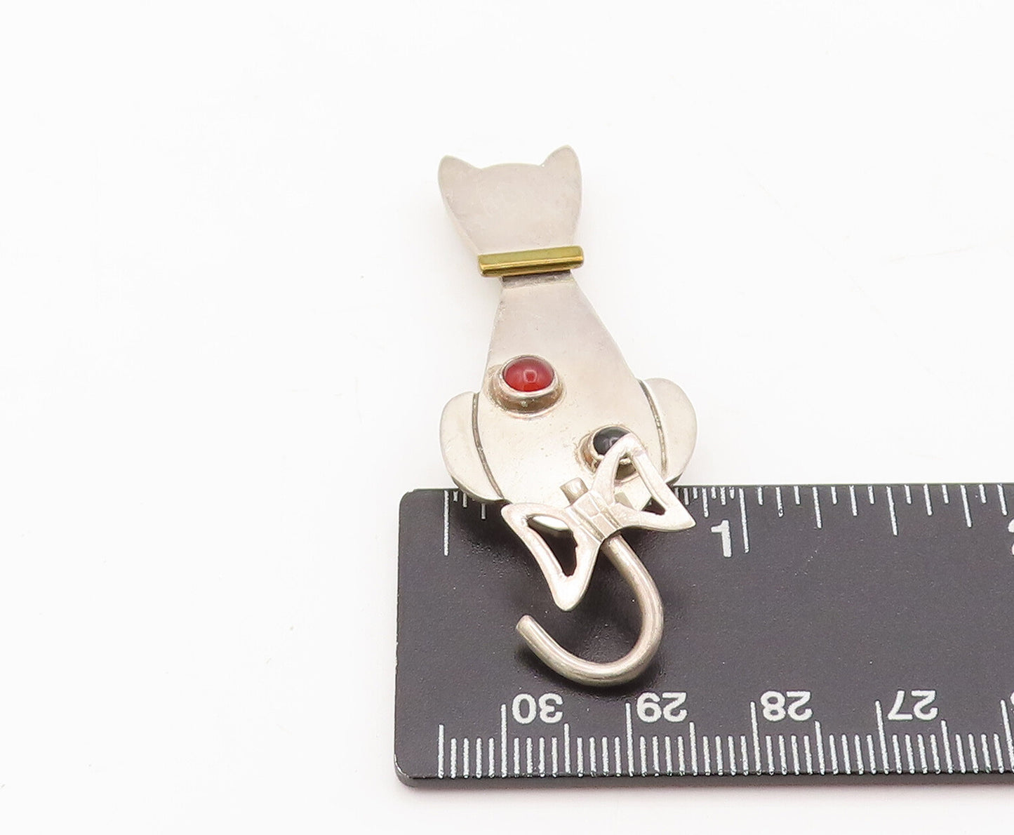 925 Sterling Silver Vintage Brooch Pin MEXICO Onyx Garnet Cat Bow Tail  BP10534