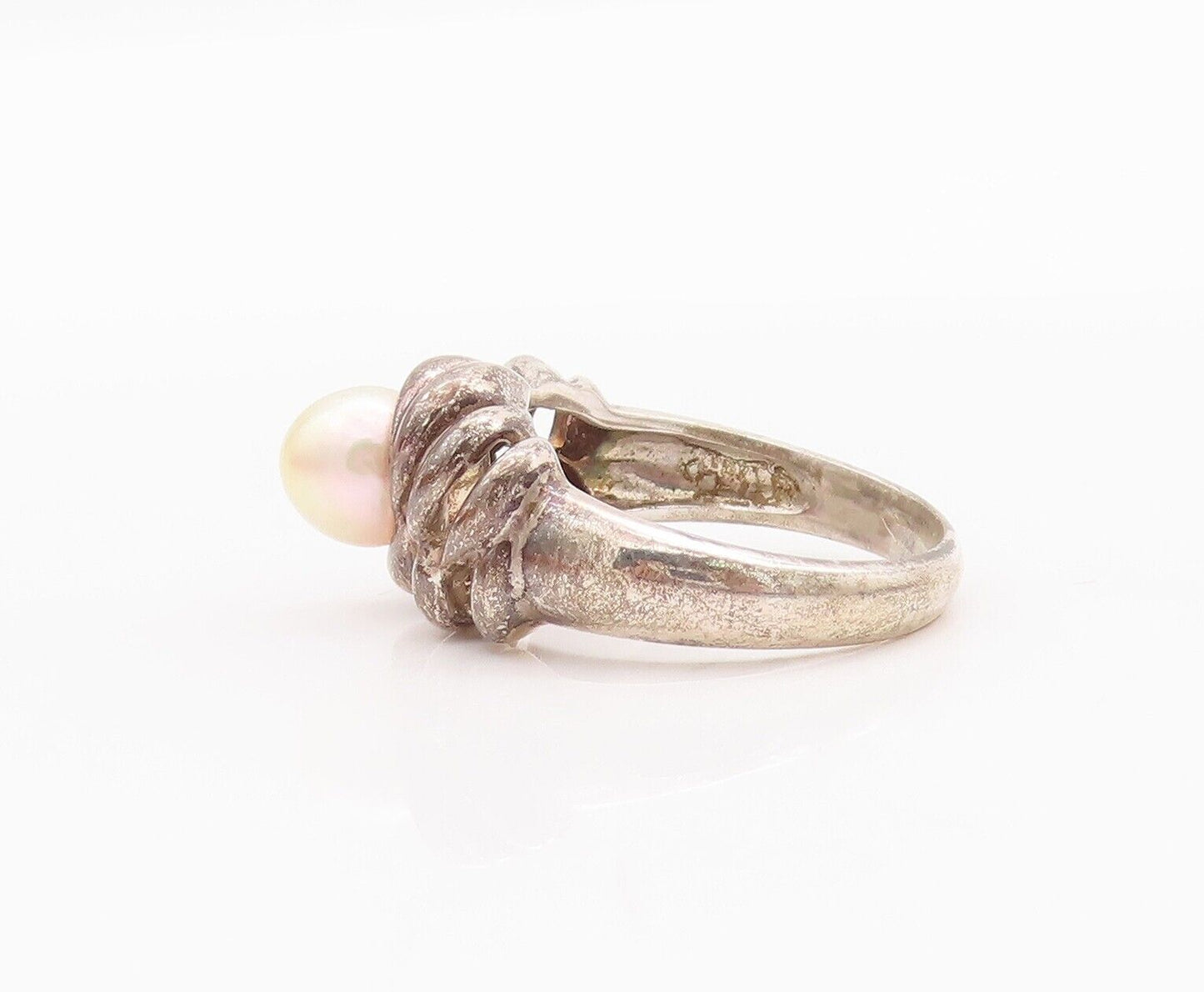 925 Sterling Silver Vintage Ring Cutout Swirled Neck Beaded Pearl  Sz 8  RG28290