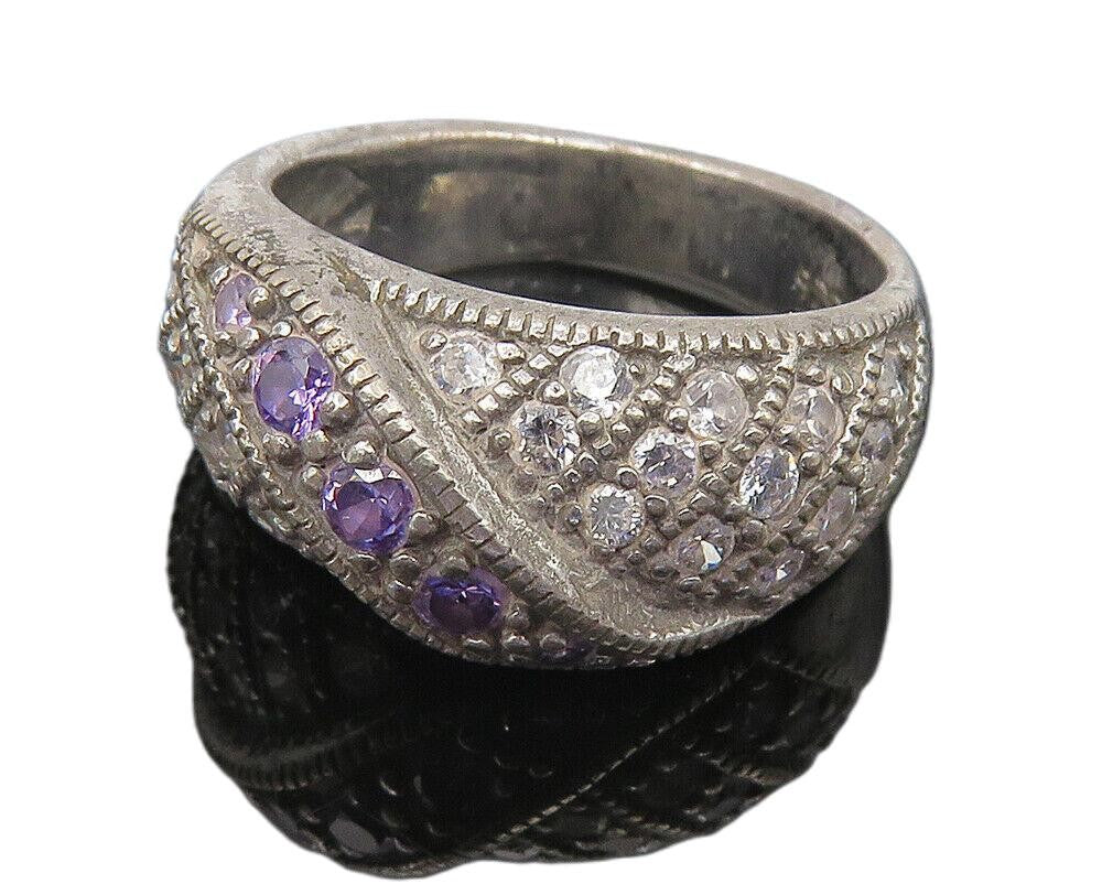 925 Sterling Silver  Vintage Purple & White Cubic Zirconia Ring Sz 6  RG10669