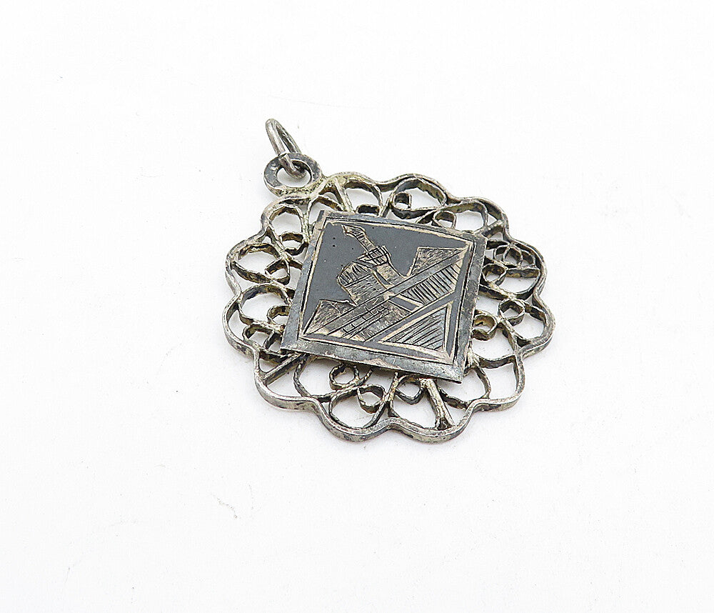 925 Sterling Silver  Vintage Antique Oxidized Etched Scene Pendant  PT3947