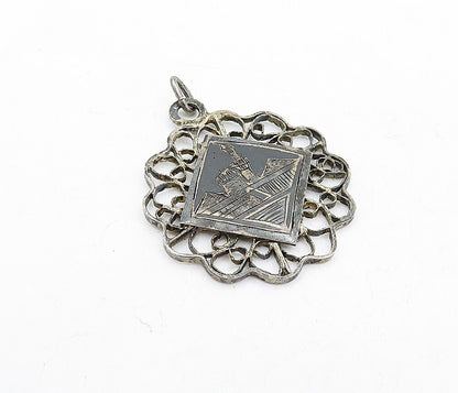 925 Sterling Silver  Vintage Antique Oxidized Etched Scene Pendant  PT3947