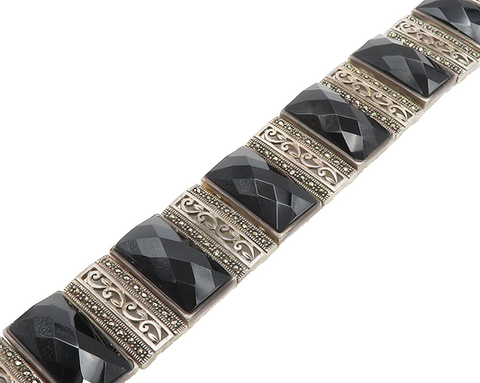 925 Sterling Silver  Vintage Hematite & Marcasite Panel Chain Bracelet  BT7493