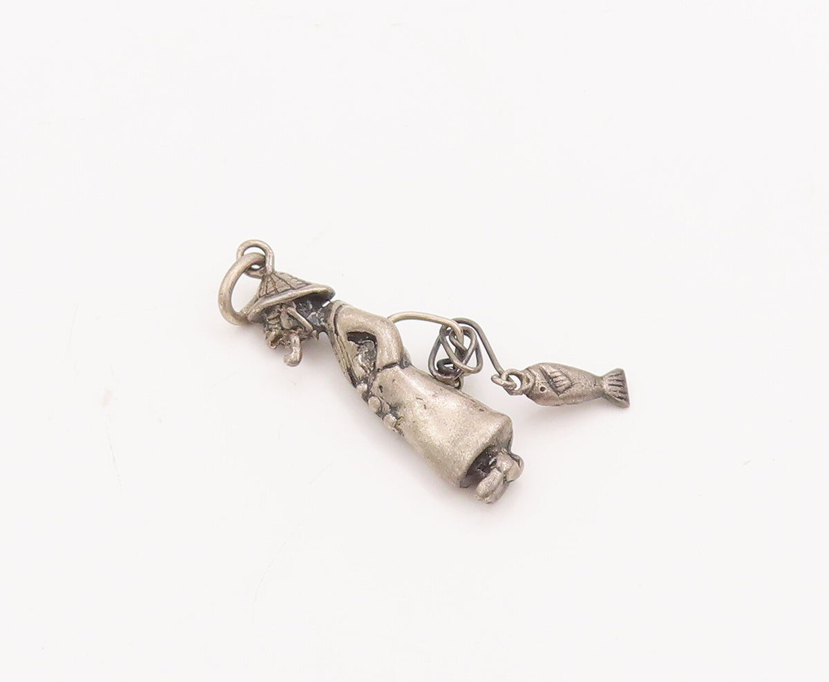 925 Sterling Silver Vintage Pendant Solid 3D Carved Fisher Man Charm  PT23056
