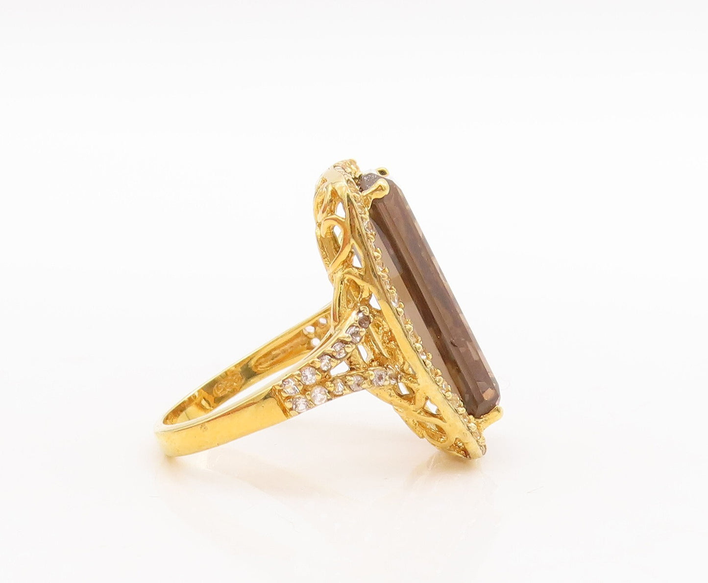 925 Sterling Silver Vintage Ring Gold Plated Smoky Quartz & Topaz Sz 7.5 RG29731
