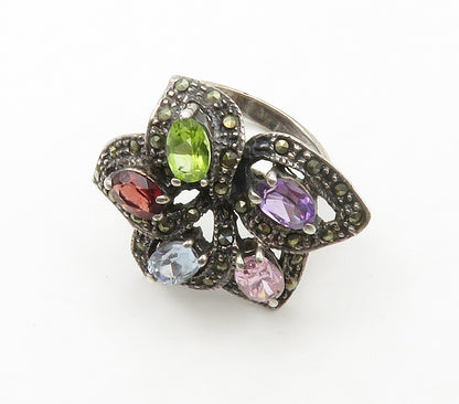 925 Silver Vintage Amethyst & Multi Stone Flower Cocktail Ring Sz 6 RG15121
