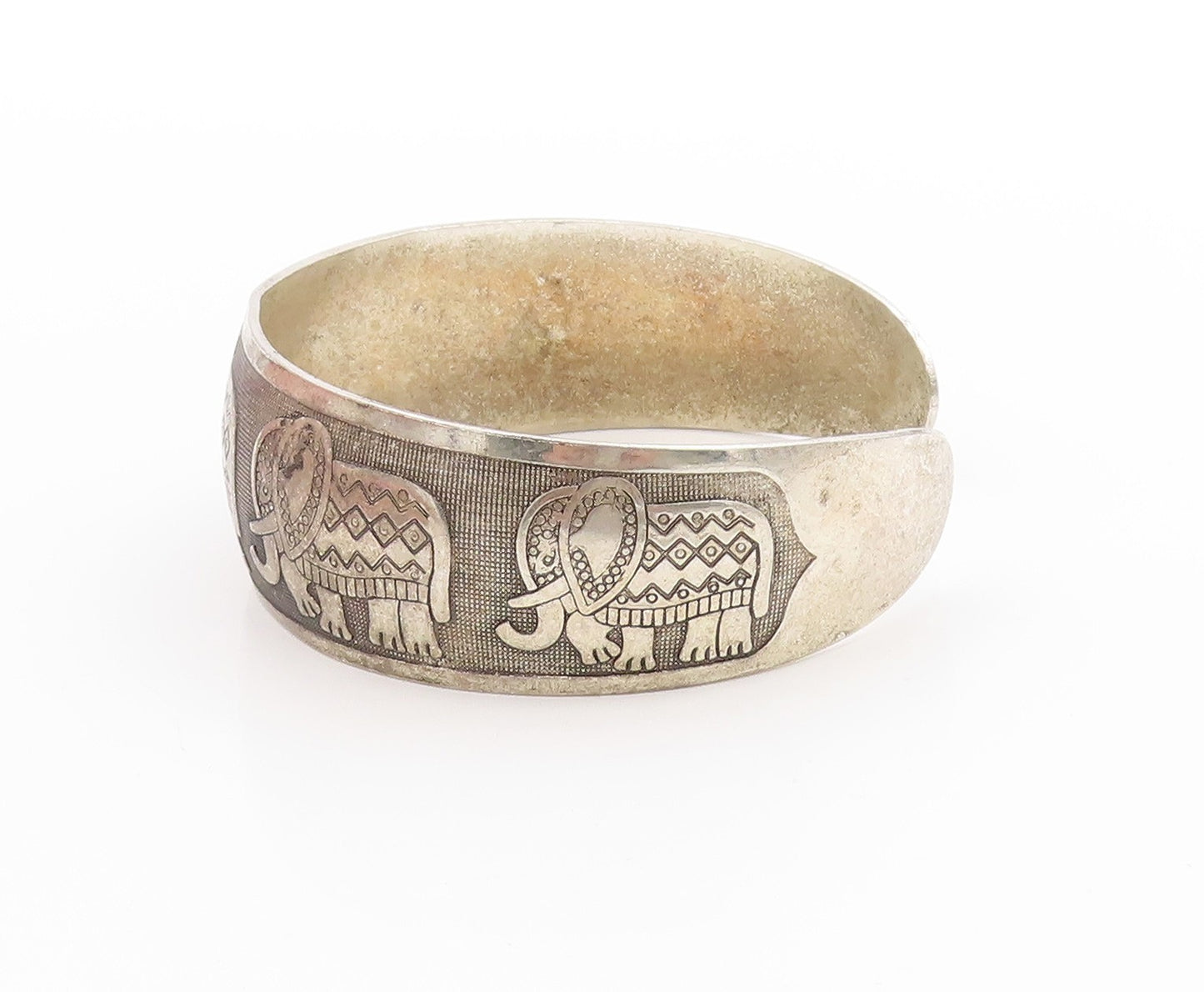 925 Sterling Silver Vintage Bracelet Etched Tribal Elephant Parade Cuff  BT11407