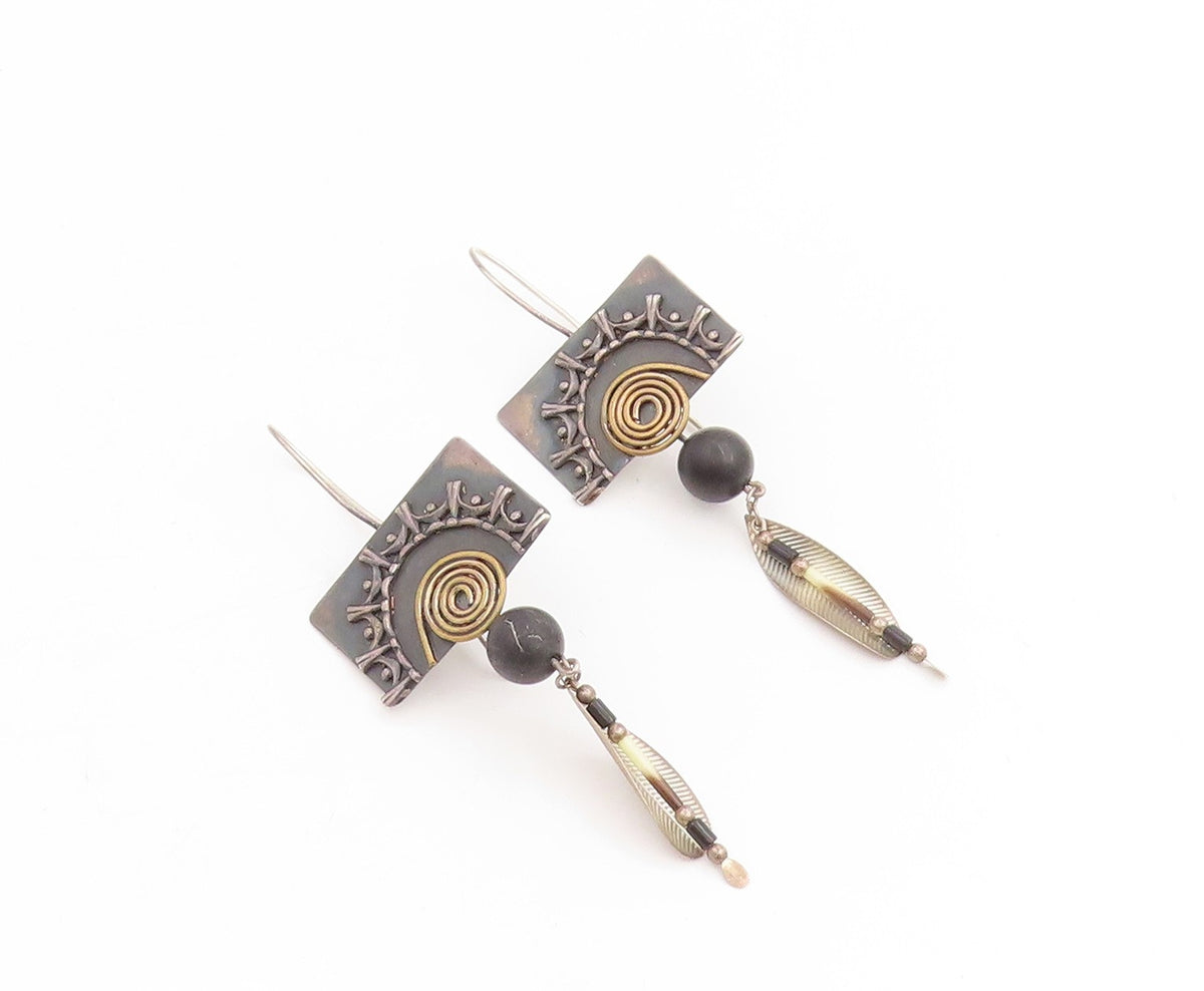 925 Sterling Silver Vintage Earrings Designer Spiral Feather Dangles  EG13785