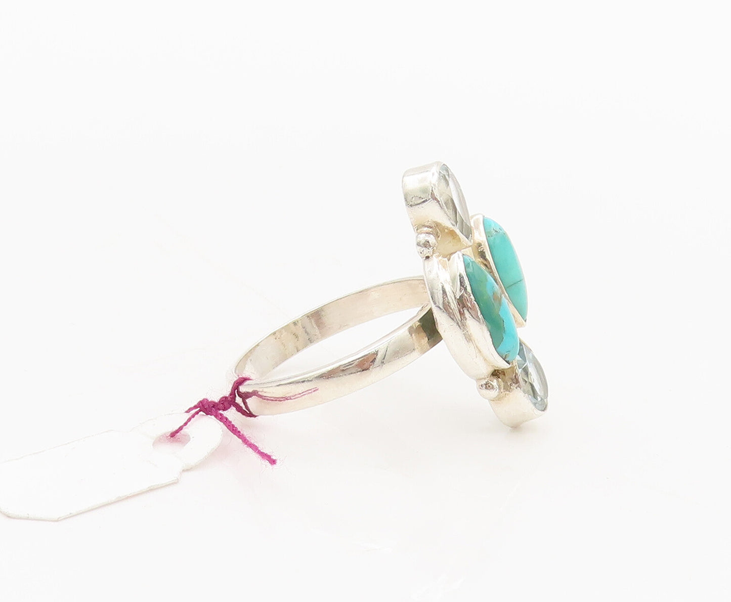 925 Silver  Vintage 2 Stone Blue Topaz & Turquoise Solid Ring Sz 7.75  RG26827