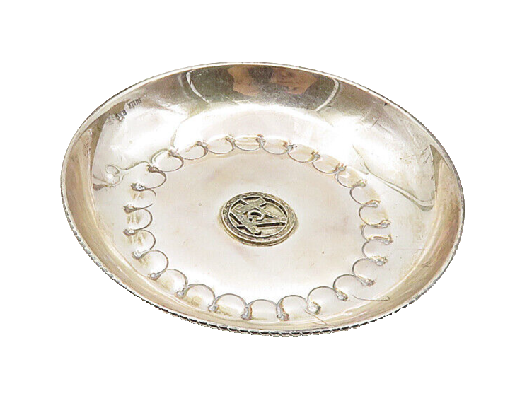 925 Sterling Silver Vintage Raised Free Mason Symbol Shiny Round Dish TR1478
