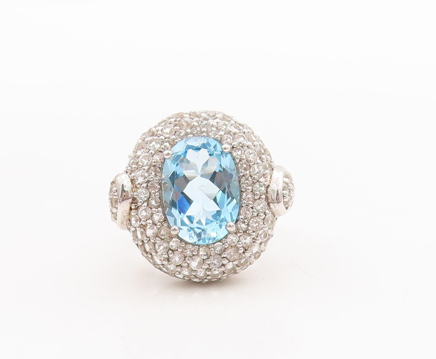 925 Sterling Silver Vintage Ring Oval Cut Blue Topaz Halo CZ  Sz 7  RG29355