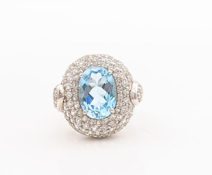 925 Sterling Silver Vintage Ring Oval Cut Blue Topaz Halo CZ  Sz 7  RG29355