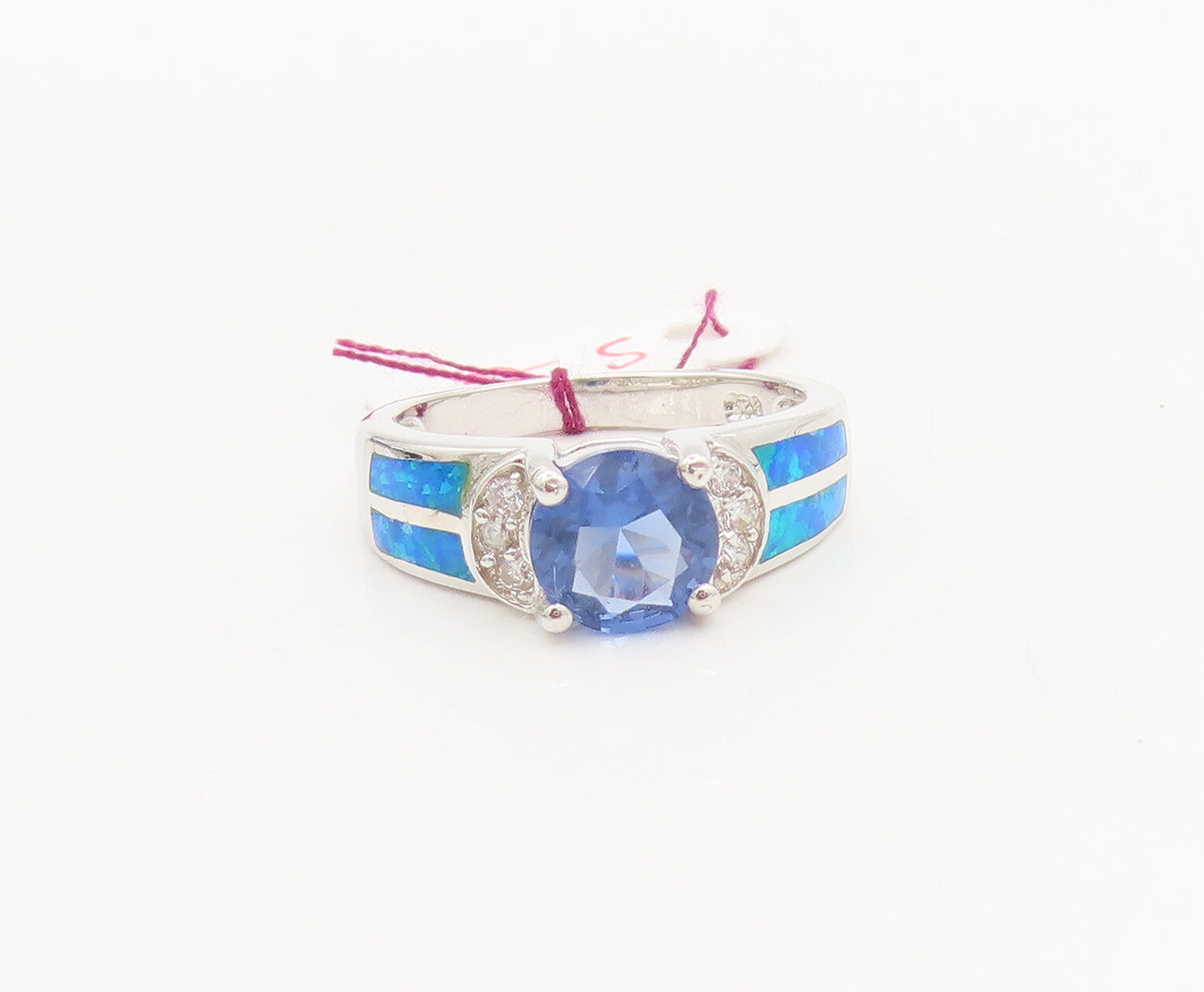 925 Silver  Vintage Inlay Fire Opal Oval Blue 7 White CZ Ring Sz 6  RG26928