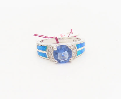 925 Silver  Vintage Inlay Fire Opal Oval Blue 7 White CZ Ring Sz 6  RG26928