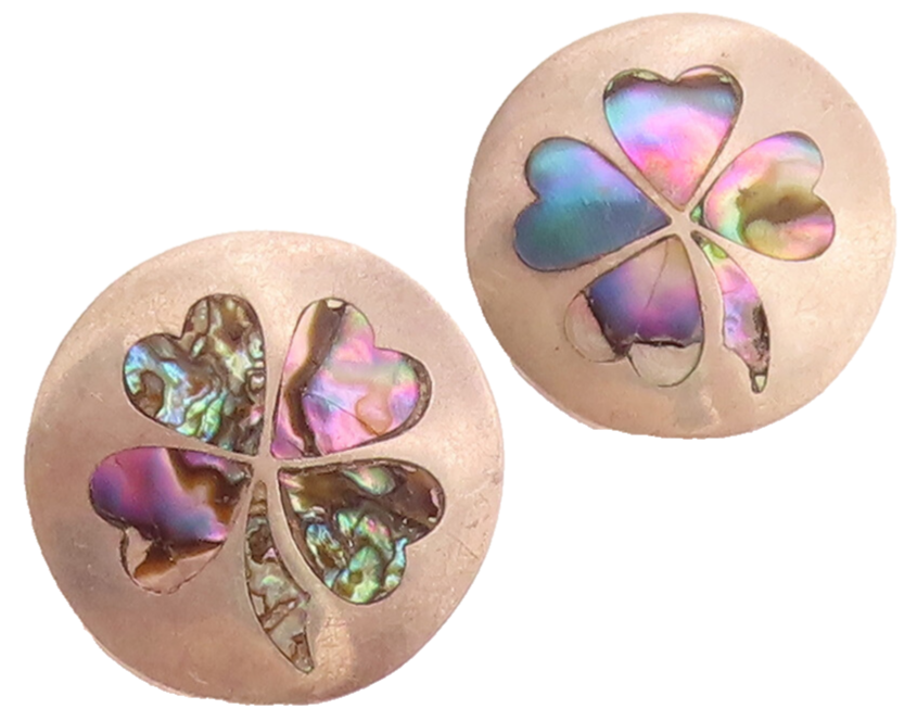 MEXICO 925 Silver  Vintage Inlaid Shamrock 4 Petal Flower Earrings  EG12447