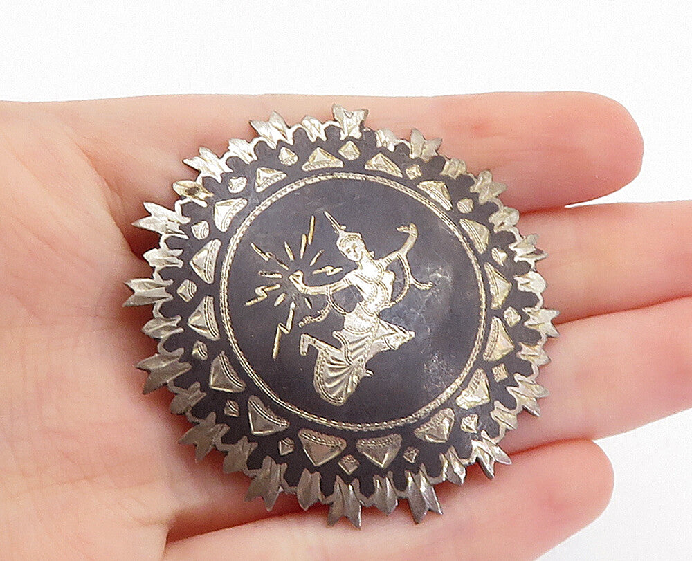 SIAM 925 Sterling Silver  Vintage Niello Dancer Round Brooch Pin  BP2462