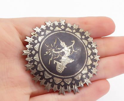 SIAM 925 Sterling Silver  Vintage Niello Dancer Round Brooch Pin  BP2462