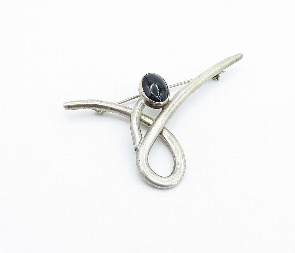 MEXICO 925 Sterling Silver  Vintage Cabochon Cut Black Onyx Brooch Pin  BP2404