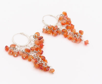 925 Sterling Silver Vintage Earrings Carnelian Beads Chandelier Hoops  EG12806