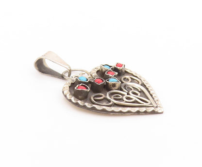 925 Sterling Silver Vintage Pendant Antique Etched Turquoise Heart  PT24210