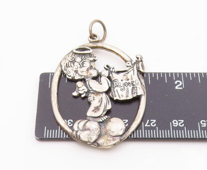 925 Sterling Silver  Vintage Baby Angel Rejoice Etched Drop Pendant  PT6415