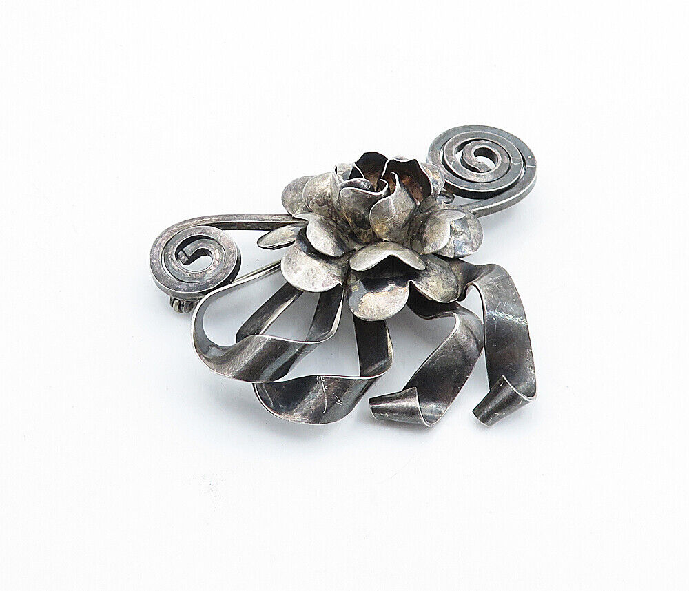 RAFFAELE 925 Silver  Vintage Oxidized Flower Ribbon Bow Brooch Pin  BP2663