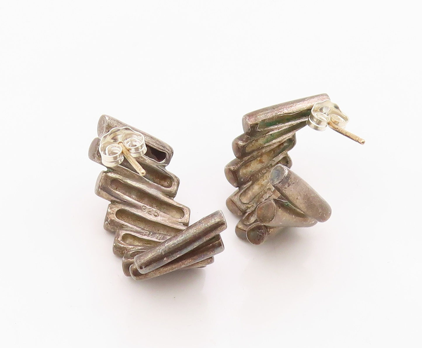 14k Gold & 925 Sterling Silver Vintage Earrings Chunky Stacked Cylinder  EG14394
